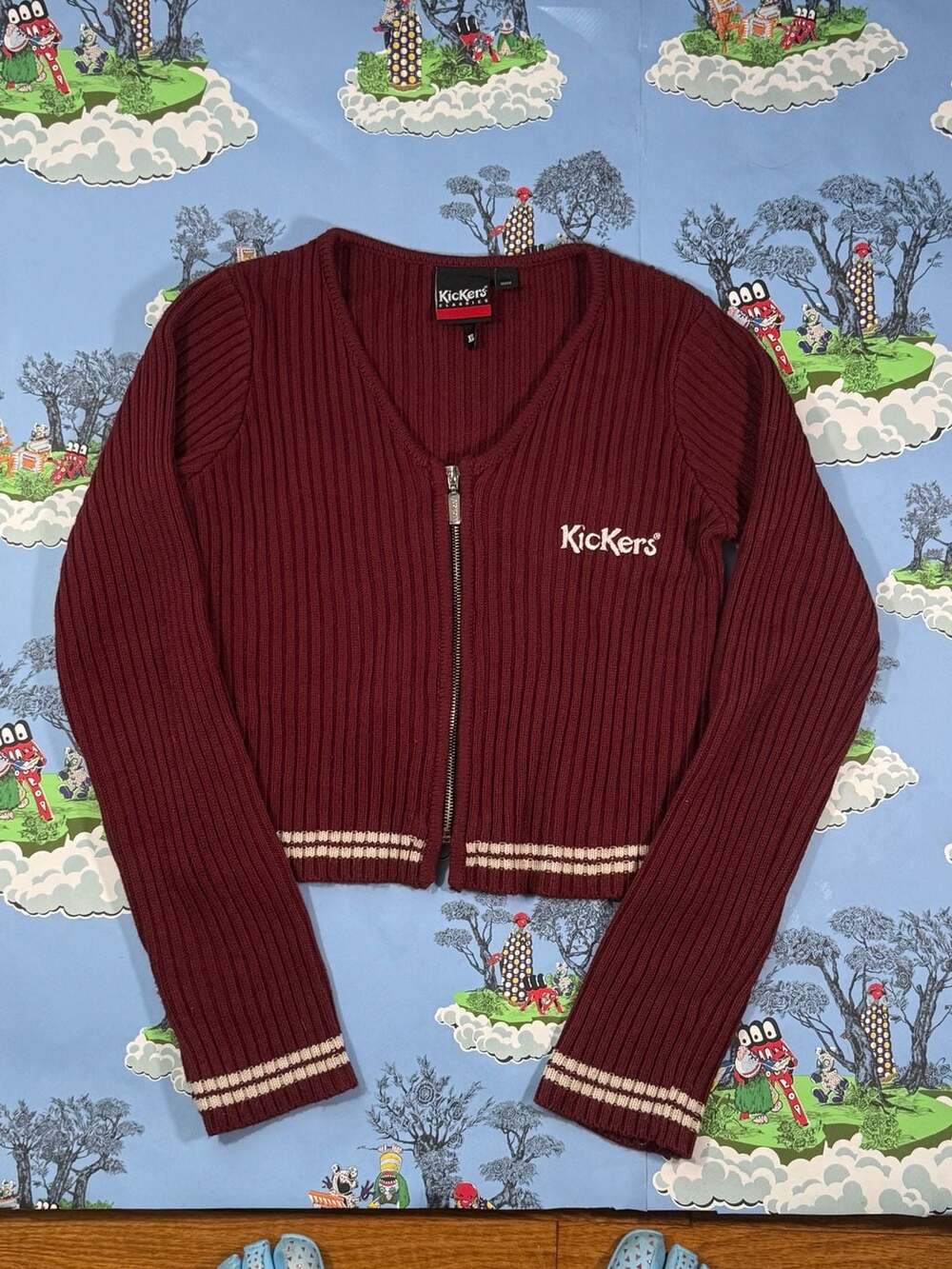 Kickers Classics Burgundy Ribbed Zip-Up Cropped Cardigan with Logo Size XL